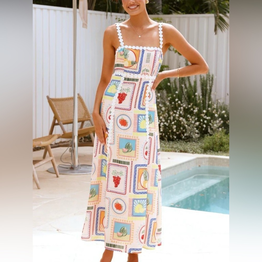 NWT Colorful Fruit Print Tie-Back Midi Dress - Coquette Summer Aesthetic S-2XL